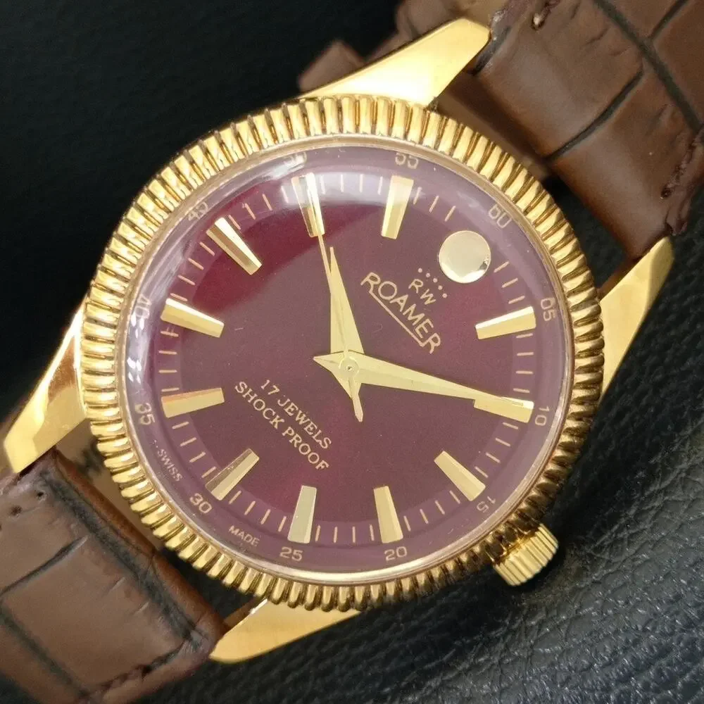 Vintage 1977 Roamer Manual Mens Gold Watch W/Leather Strap & Red accents